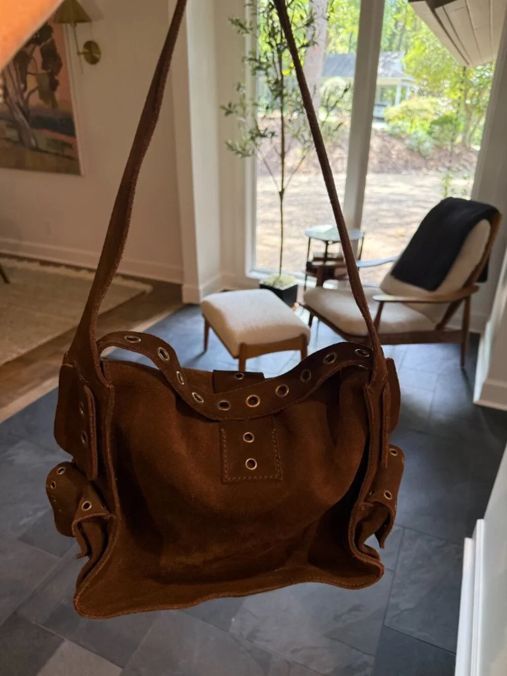 Vintage Dolce & Gabbana Brown Suede Grommet Shoulder Bag Y2K Leopard D&G